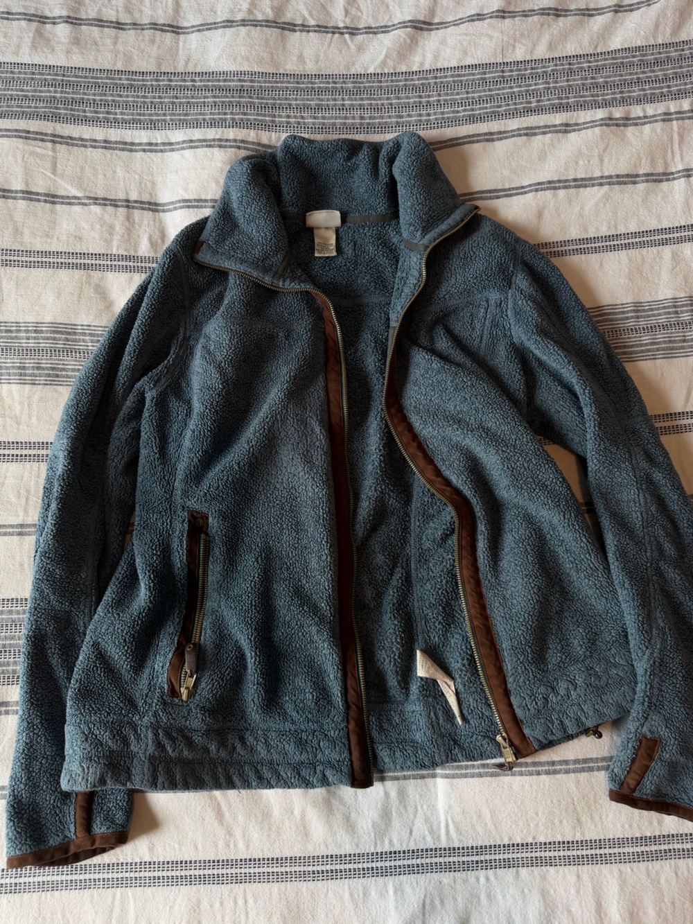 L.L. Bean Blue Sherpa Utility Jacket with Brown Trim